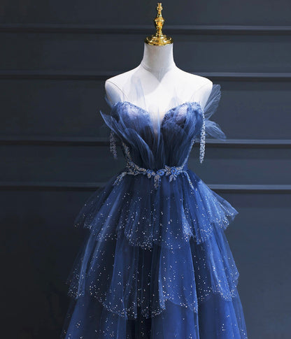 Dark Blue A Line Strapless Beaded Tulle Long Senior Prom Dress  Evening Party Dress DP915