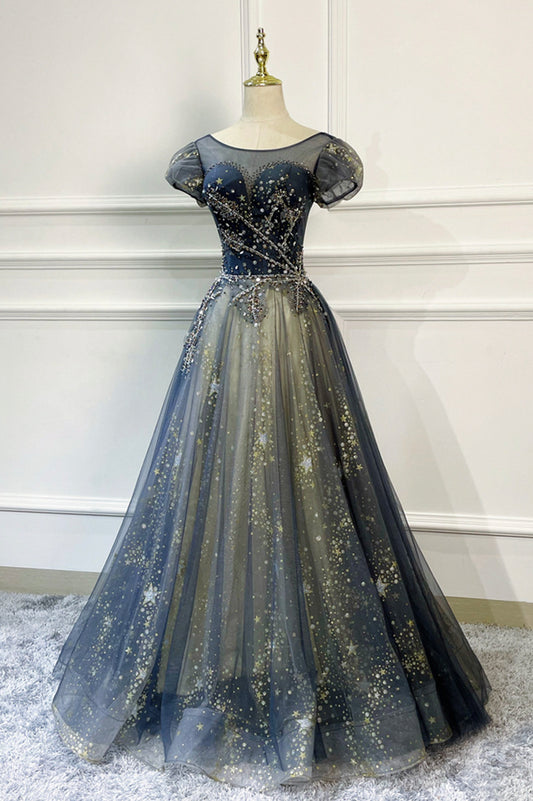 Blue A Line Beaded Sequins Tulle Long Prom Dress Evening Dress DP969