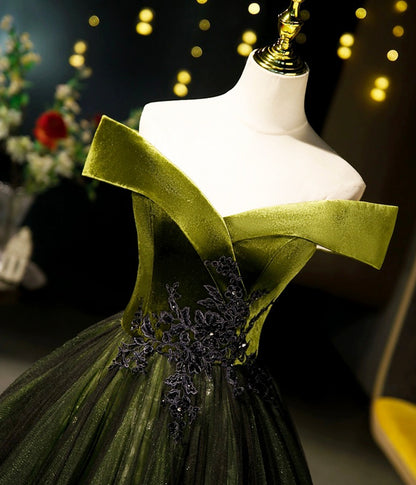 Green Off-the-shoulder Appliques Velvet Tulle Long Prom Dress Evening Dress DP912