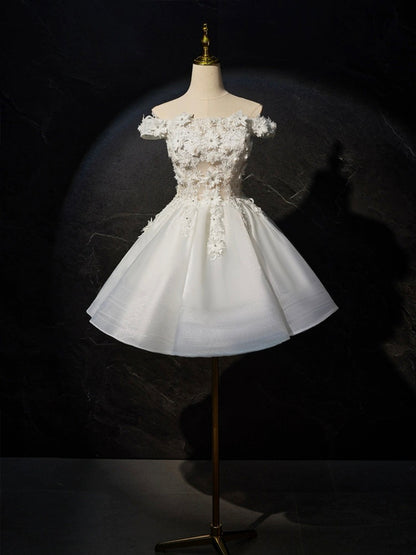 White Cute Off-the-shoulder Appliques Tulle Short Prom Dress Party Dress DP905