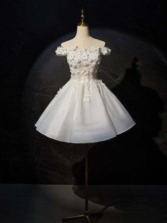 White Cute Off-the-shoulder Appliques Tulle Short Prom Dress Party Dress DP905