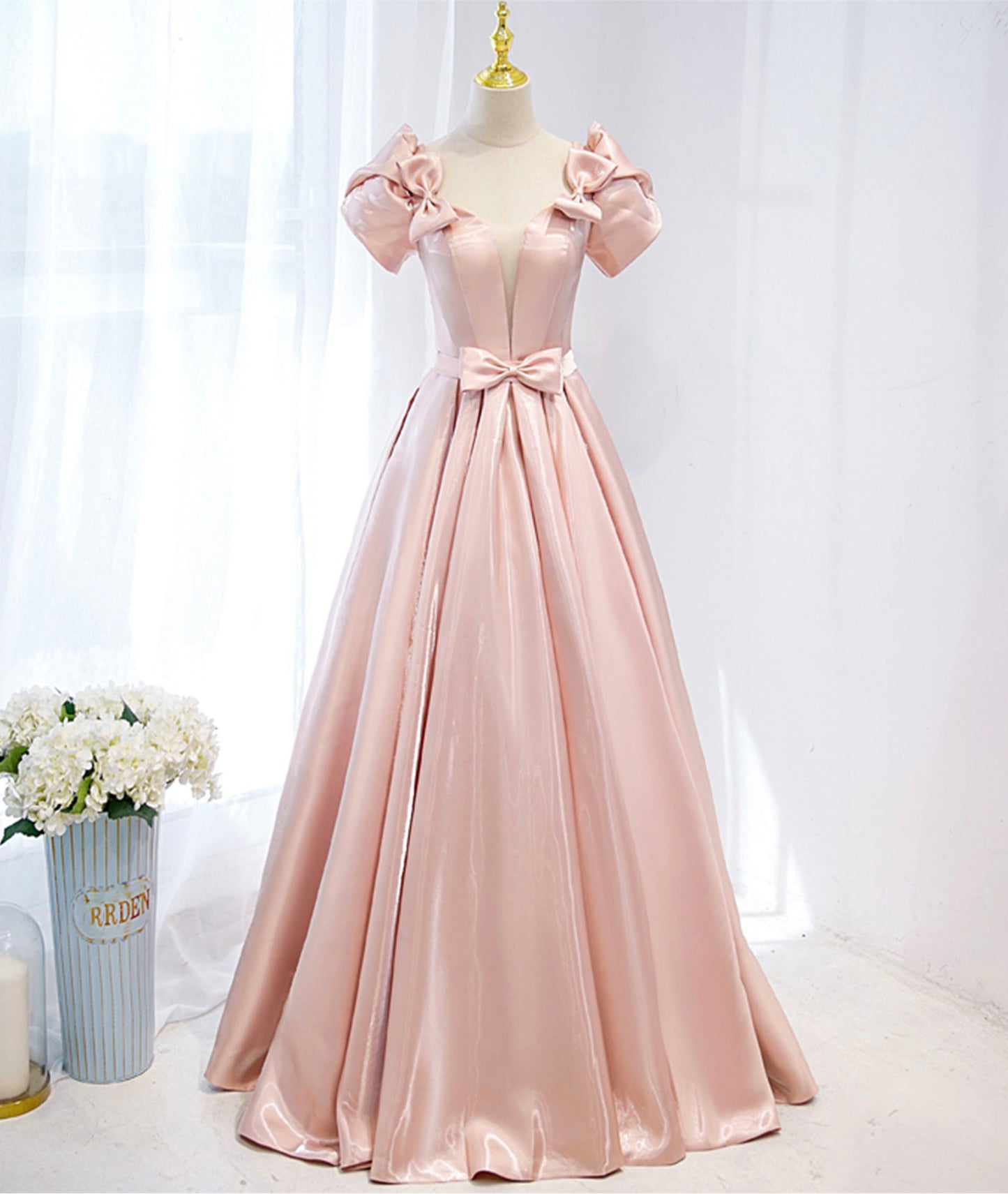 A Line V-neck Pink Satin Long Prom Dress Evening Dress with Bow DP996