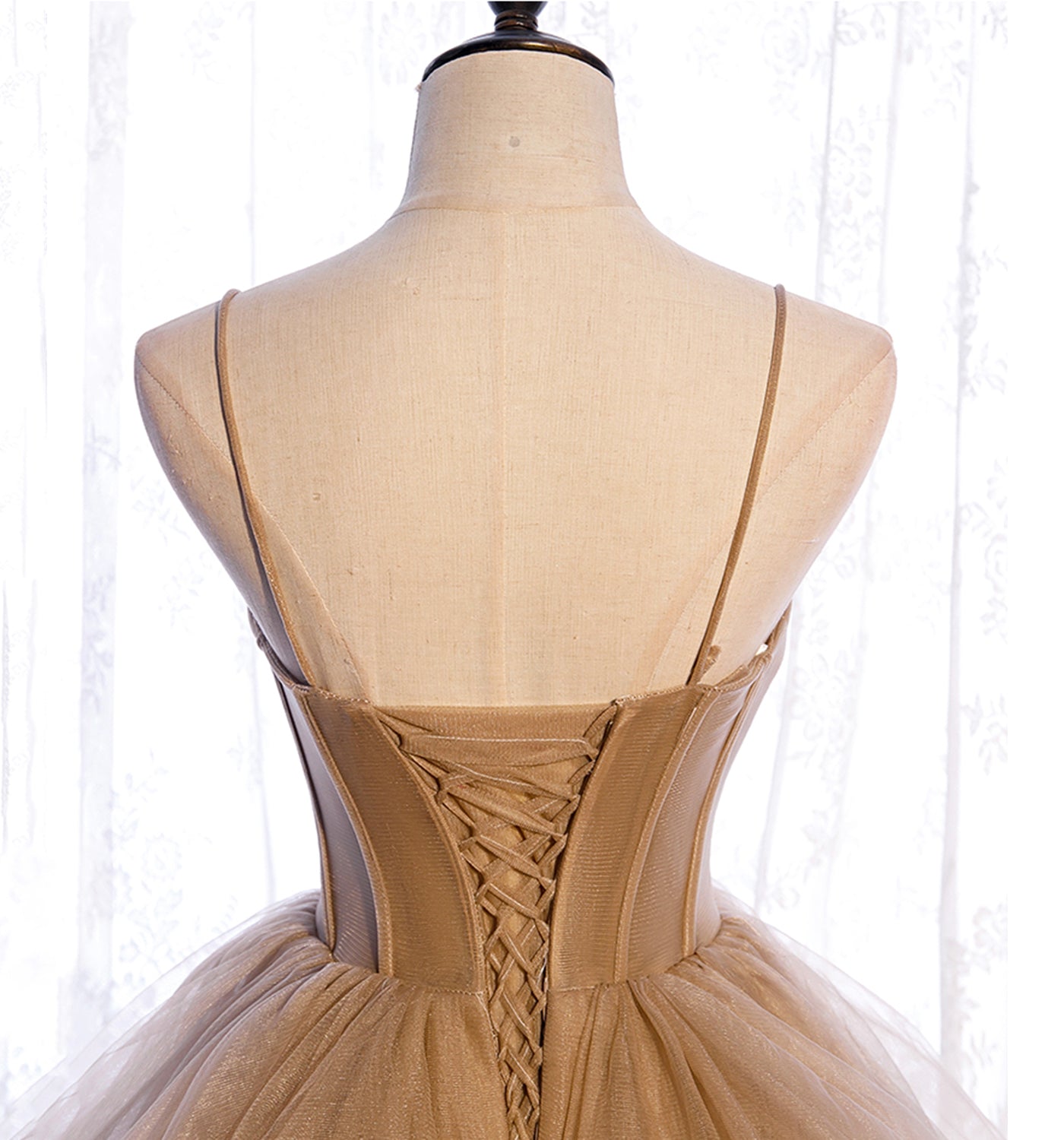 A Line Spaghetti Strap Tulle Prom Dress Evening Dress Seep Train DP1096