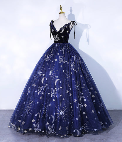 Navy Blue Spaghetti Straps Embroidery Tulle Long Prom Dress  Formal Dress DP1189