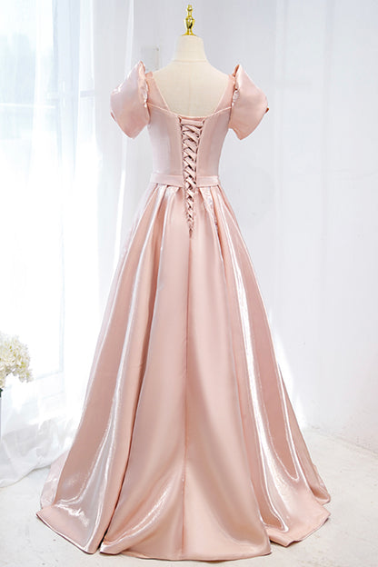 A Line V-neck Pink Satin Long Prom Dress Evening Dress with Bow DP996