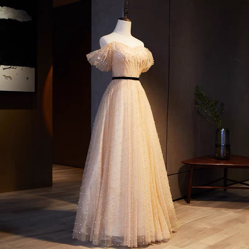 Champagne A-line Pearl Tulle Long Prom Dress Evening Dress DP964
