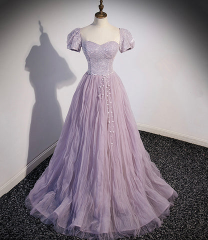 Light Purple Puff Sleeve Pearl Sequins Tulle Long Prom Dress Evening Dress DP1224