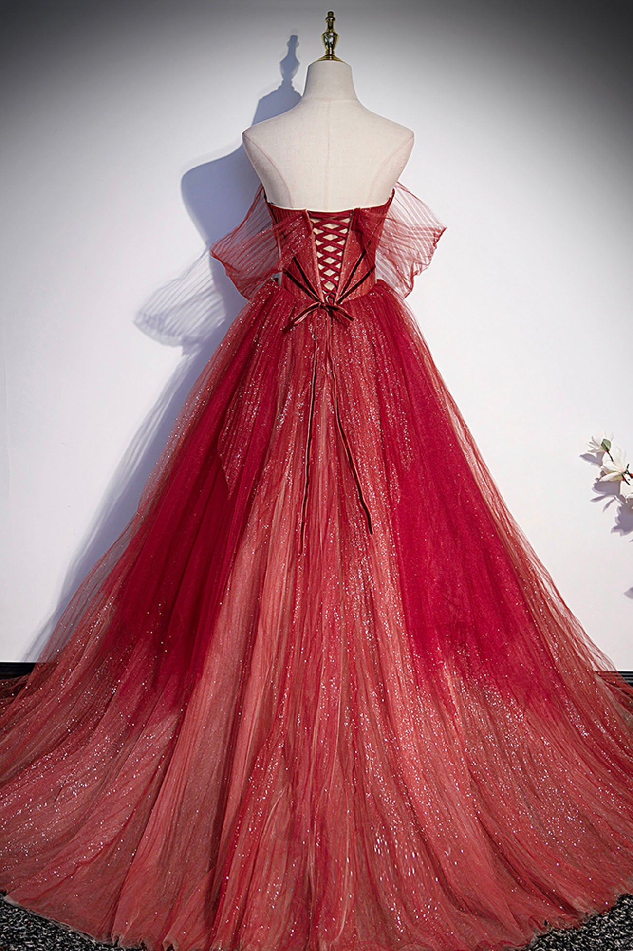 Burgundy A Line Off the Shoulder Tulle Sequins Long Prom Dress Evening Gown DP1198