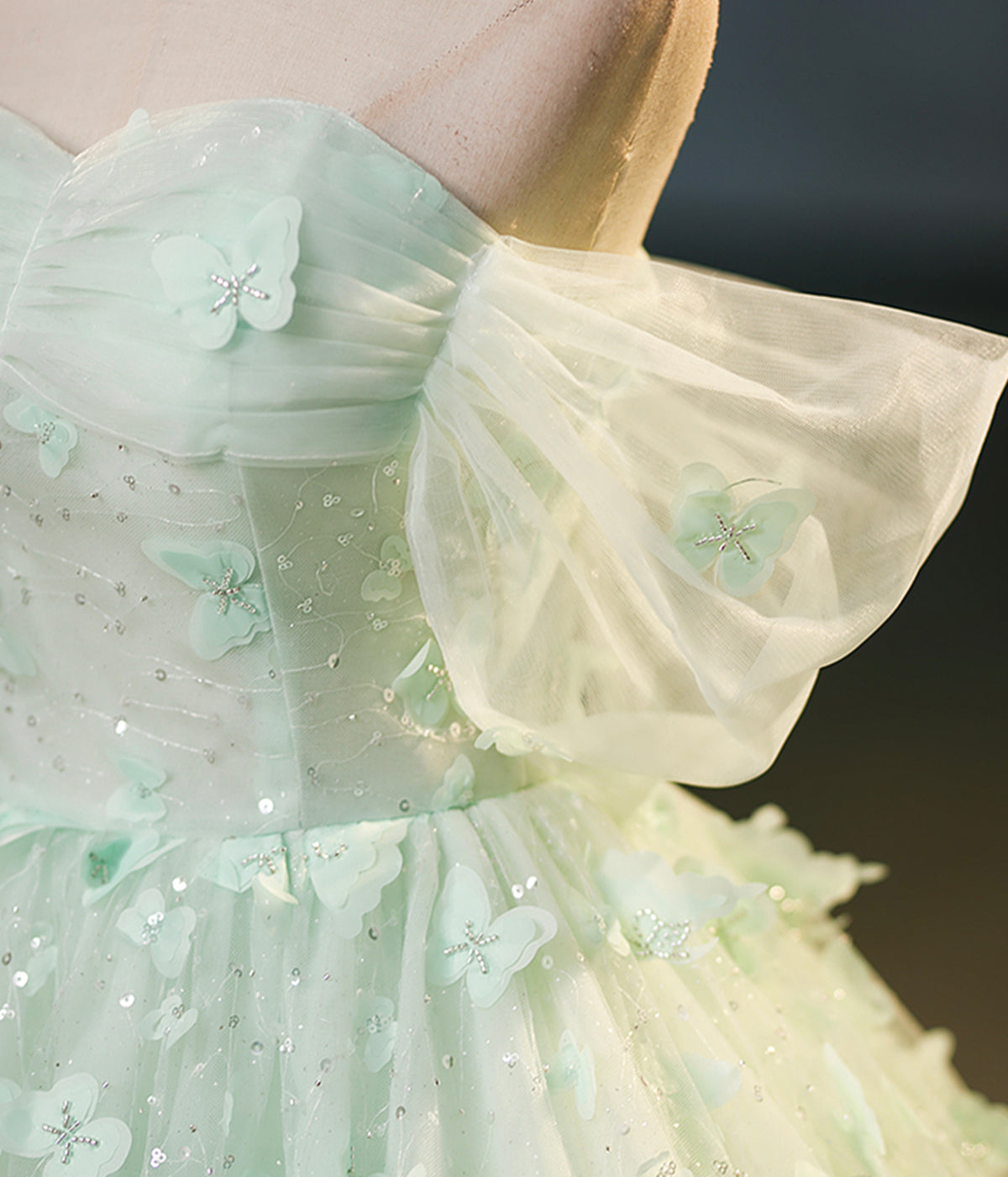 Green Off the Shoulder Appliques Sequins Tulle Long Formal Dress Ball Gown DP1183