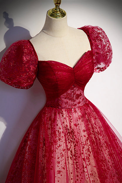 Burgundy A Line Sequins Tulle Long Prom Dress Evening Dress DP968