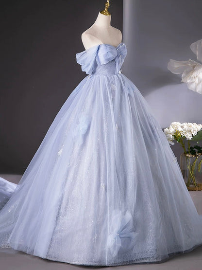 A Line Off the Shoulder Blue Tulle Floor Length Prom Dress Ball Gown DP1092