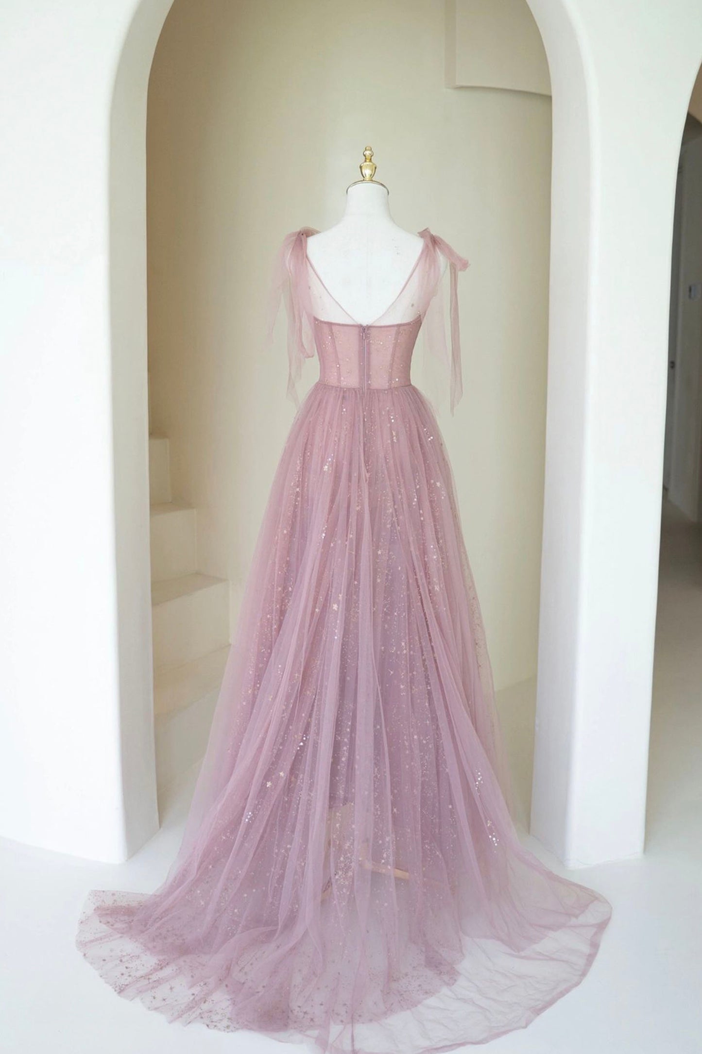 A Line Sweetheart Neck Sequin Pink Tulle Long Prom Dress Evening Dress DP1202