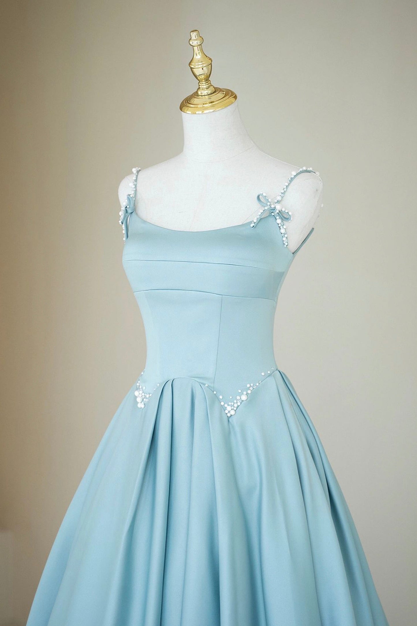 Blue A Line Spaghetti Strap Pearl Satin Long Prom Dresses DP908