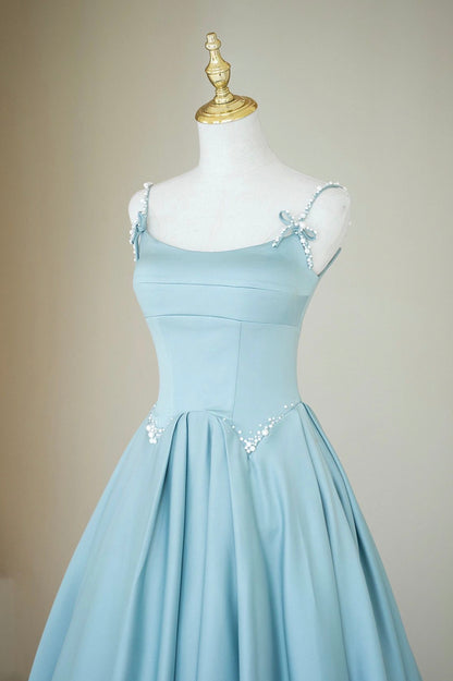 Blue A Line Spaghetti Strap Pearl Satin Long Prom Dresses DP908