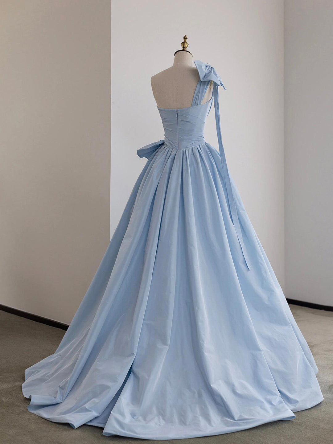 Blue Satin Bow One Shoulder Floor Length Prom Dress DP1073