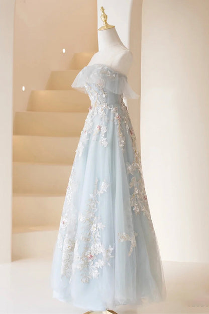 A Line Strapless Appliques Blue Tulle Lace Prom Dress Evening Dress DP1095