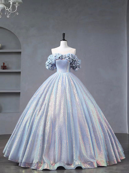 Blue A Line Tulle Sequins Long  Ball Gown Prom Dresses DP923