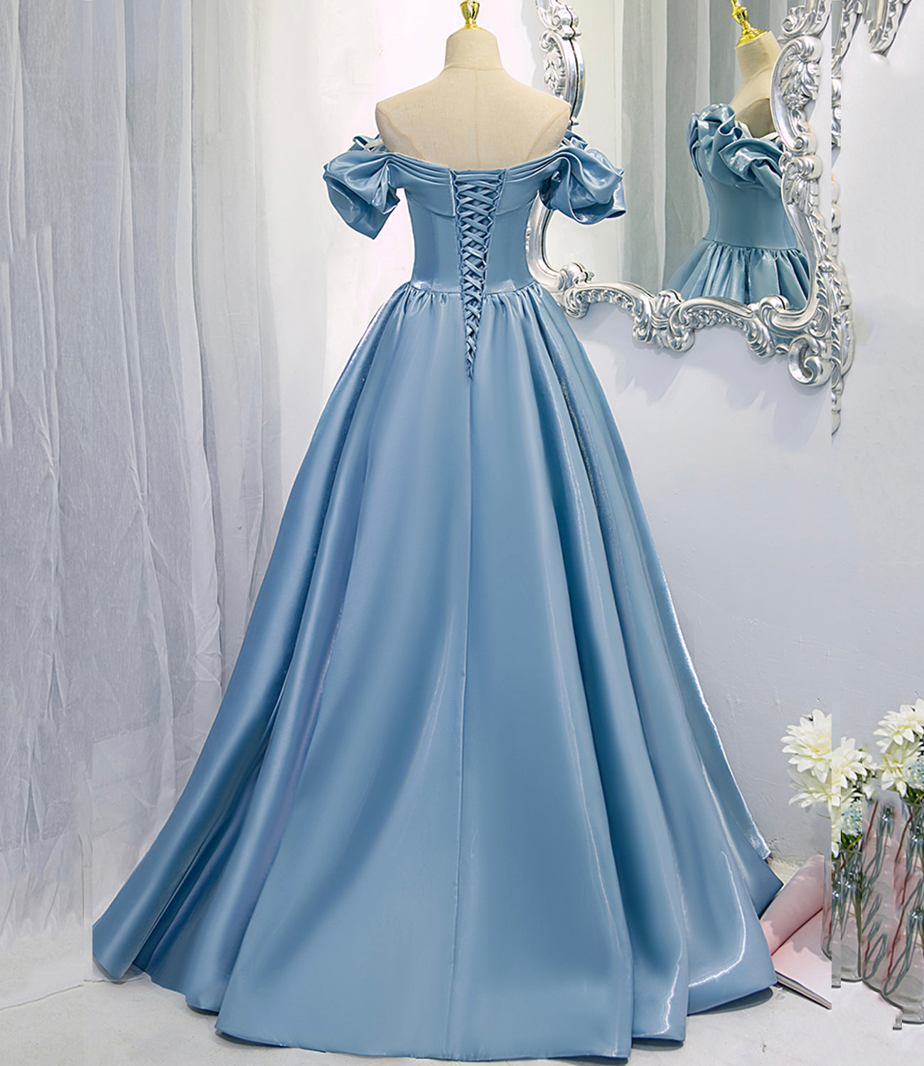 Blue A Line Off-the-shoulder Satin Long Prom Dress Evening Dress DP1090