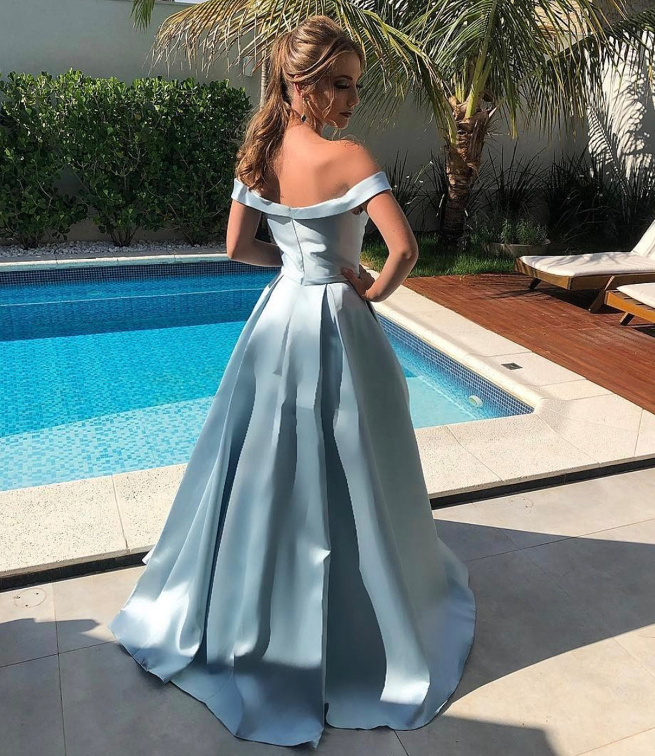 Simple Blue Satin Long A Line Prom Dress Evening Dress DP974
