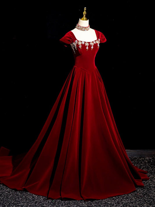 Burgundy A Line Beaded Velvet Long Prom Dress DP911