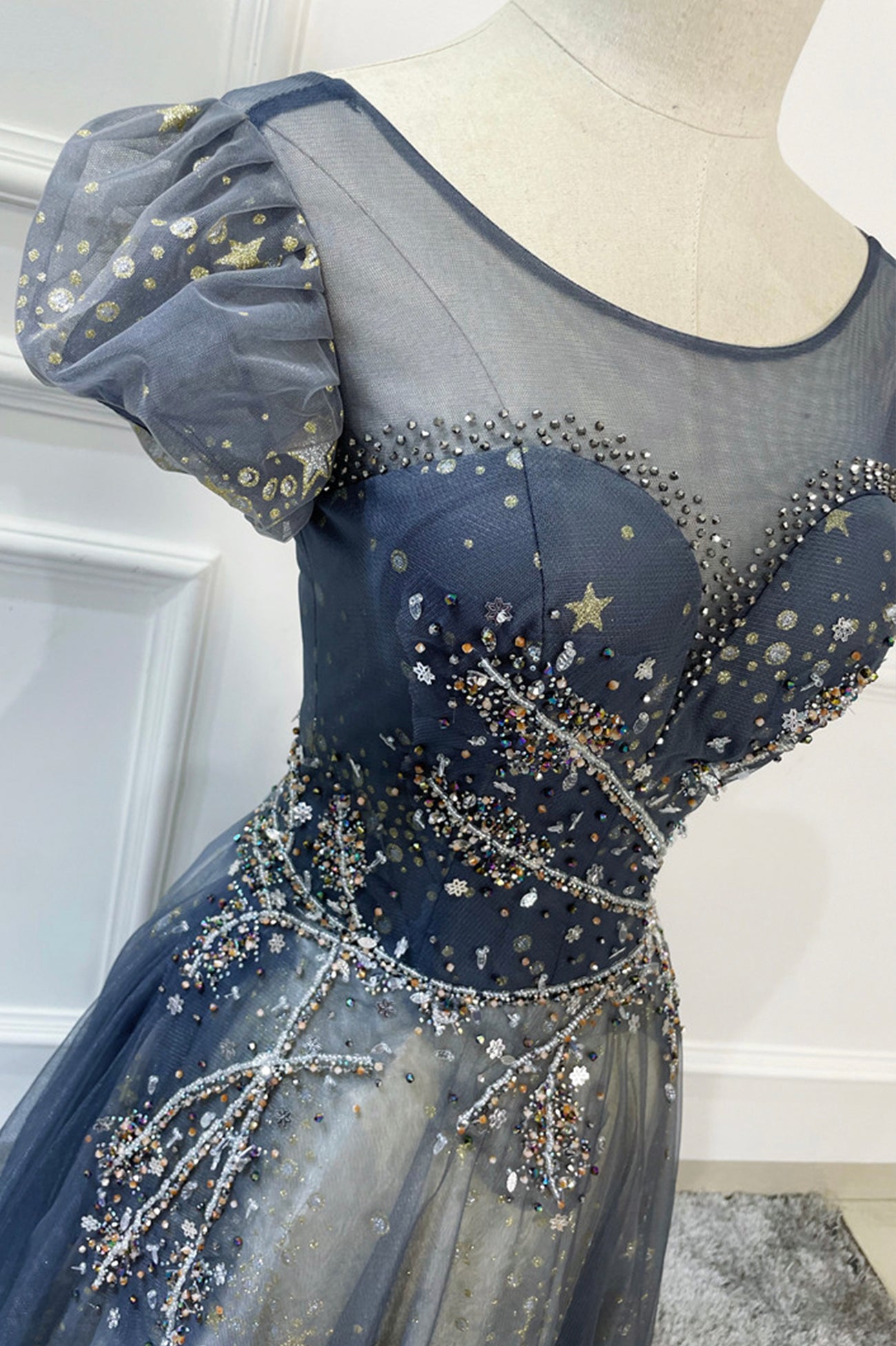 Blue A Line Beaded Sequins Tulle Long Prom Dress Evening Dress DP969