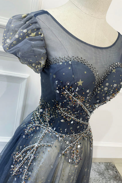 Blue A Line Beaded Sequins Tulle Long Prom Dress Evening Dress DP969