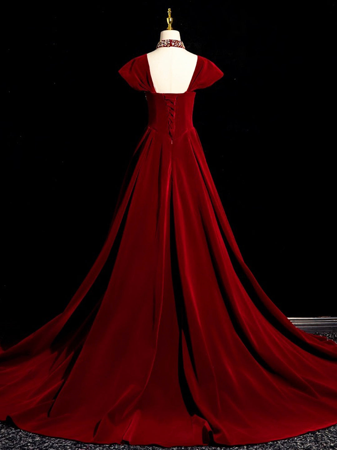 Burgundy A Line Beaded Velvet Long Prom Dress DP911