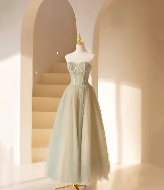 Cute Strapless Beaded Tulle Tea Length Prom Dress DP970