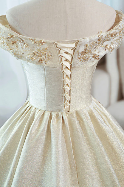 Champagne A Line Sequins Beaded Satin Long Ball Gown Formal Gown DP926