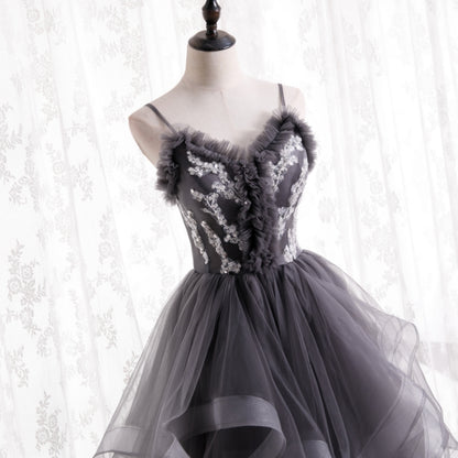 Gray Straps Ruffle Tulle Lace Long Prom Dress Evening Dress DP1082