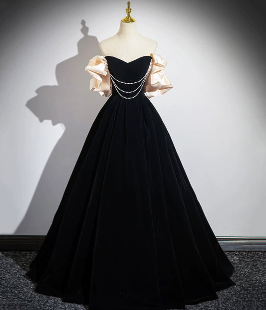 Black A Line Off the Shoulder Velvet Long Prom Dress with Pearls DP1186