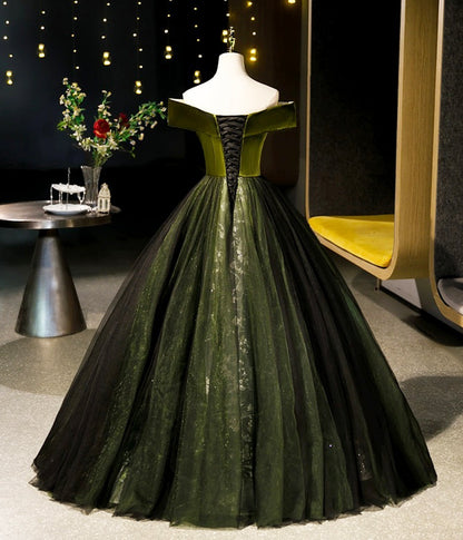Green Off-the-shoulder Appliques Velvet Tulle Long Prom Dress Evening Dress DP912