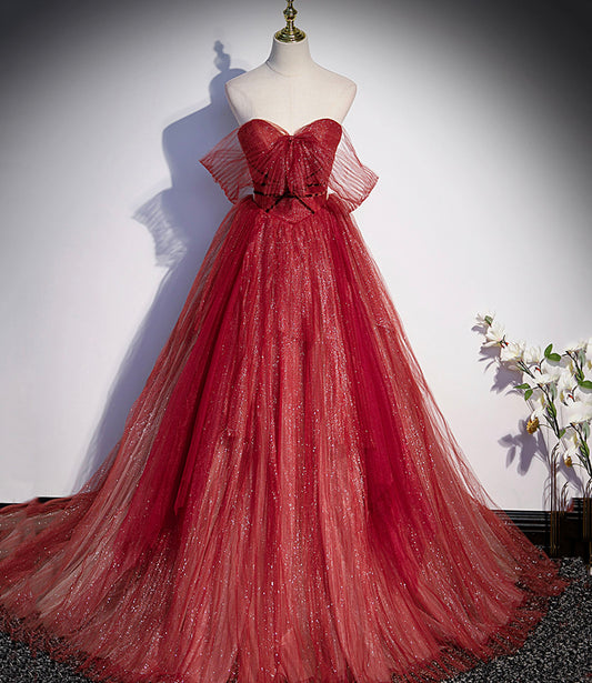 Burgundy A Line Off the Shoulder Tulle Sequins Long Prom Dress Evening Gown DP1198