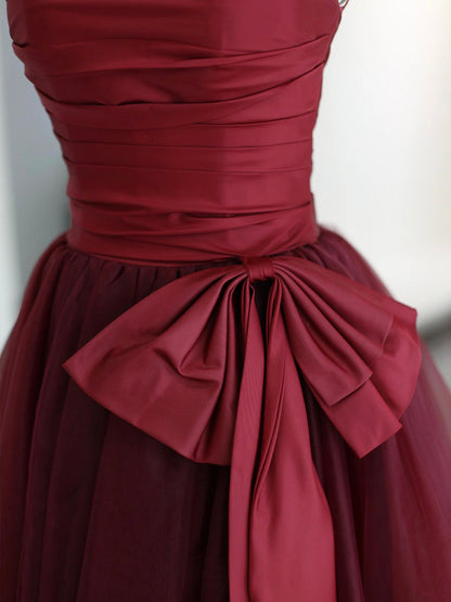 Burgundy Strapless Fold Bow Satin Tulle Floor Length Prom Dress DP951