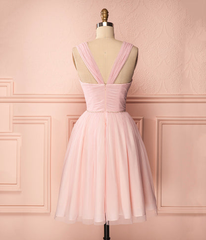 Simple Pink A Line Spaghetti Strap Tulle Bridesmaid Dresses DP916