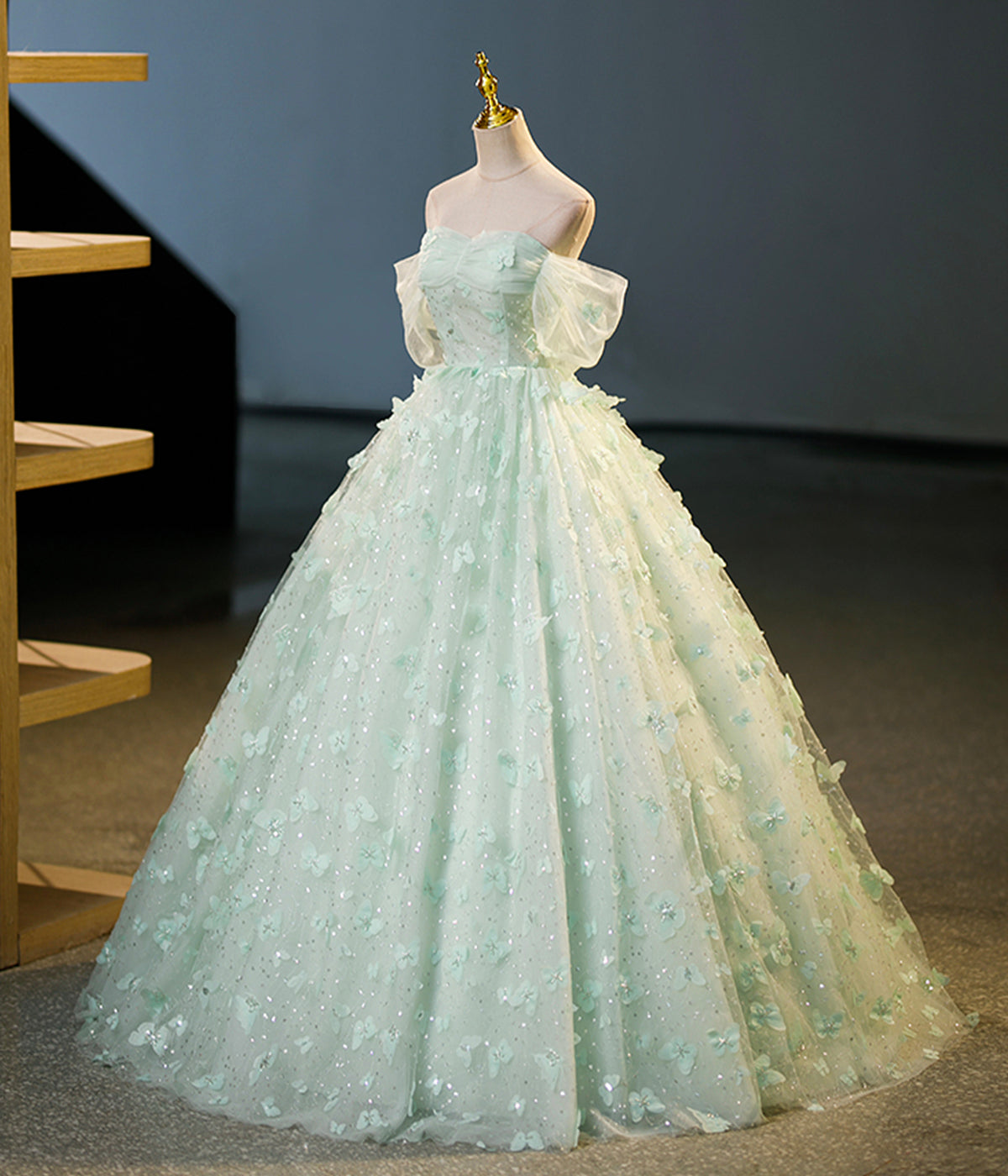 Green Off the Shoulder Appliques Sequins Tulle Long Formal Dress Ball Gown DP1183