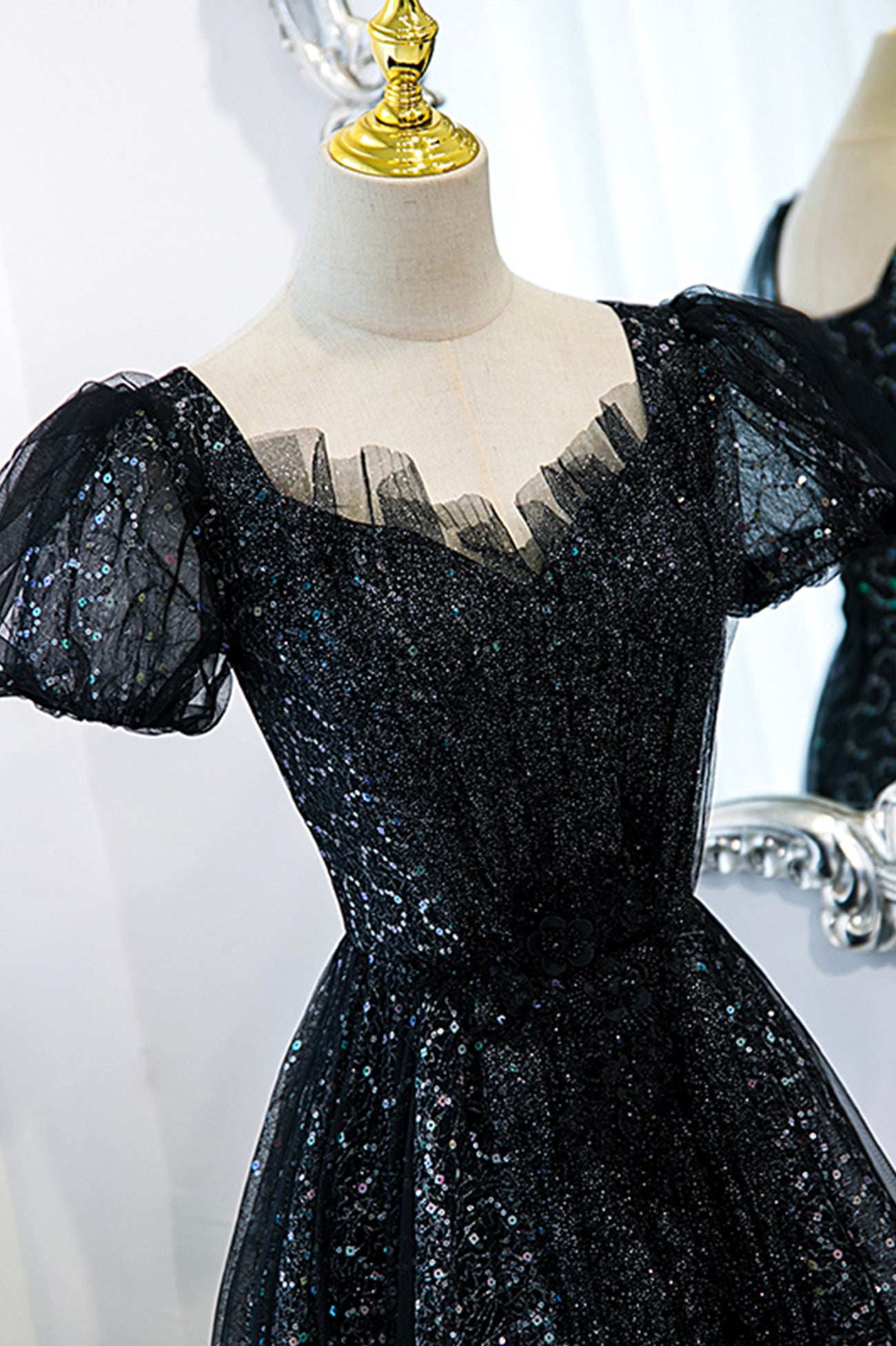 A Line Puff Sleeve Sequins Black Tulle Long Prom Dress Evening Dress DP1072