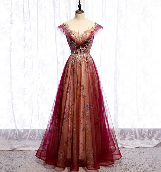 A Line Tulle Sequins Long Prom Dress Evening Gown DP1089