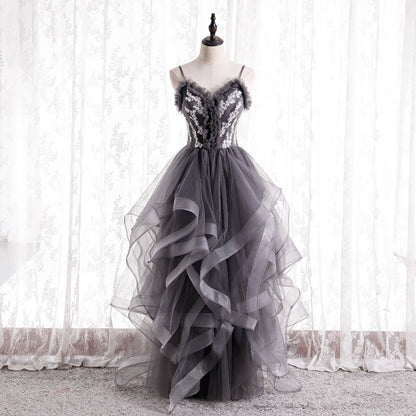 Gray Straps Ruffle Tulle Lace Long Prom Dress Evening Dress DP1082