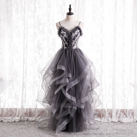 Gray Straps Ruffle Tulle Lace Long Prom Dress Evening Dress DP1082