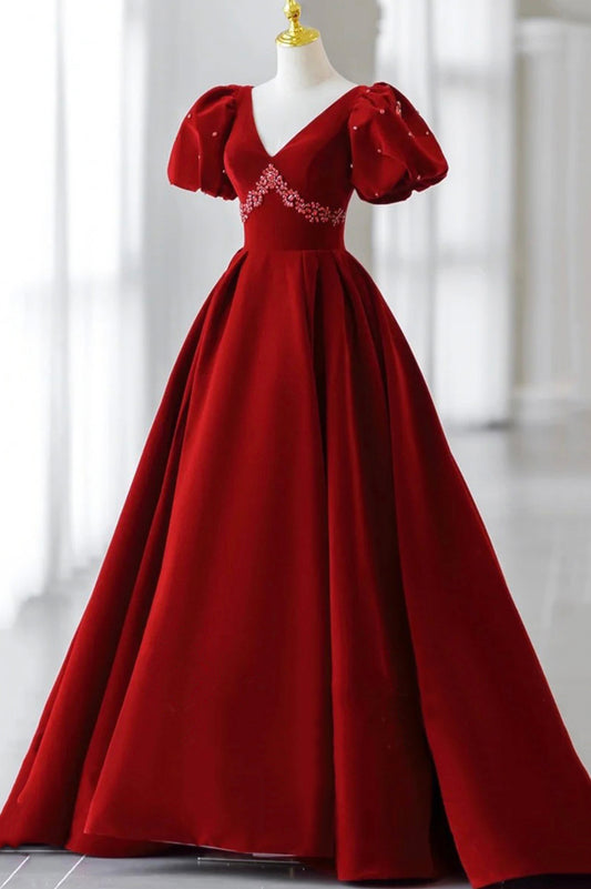 Burgundy A Line Puff Sleeves Velvet Long Prom Dress Evening Dress DP904