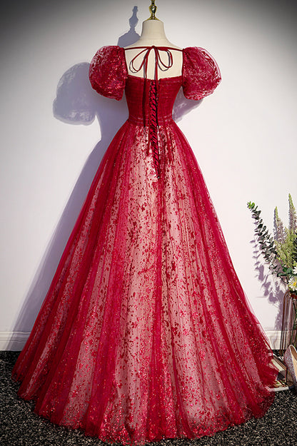 Burgundy A Line Sequins Tulle Long Prom Dress Evening Dress DP968