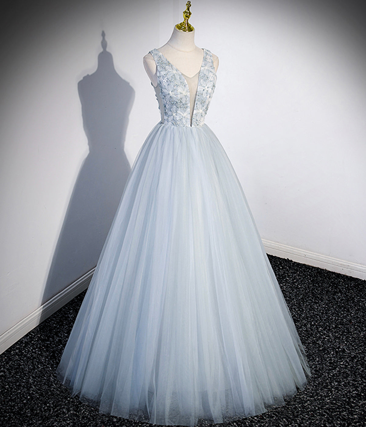 Light Blue A Line V Neck Floral Tulle Prom Dress Evening Dress DP1105