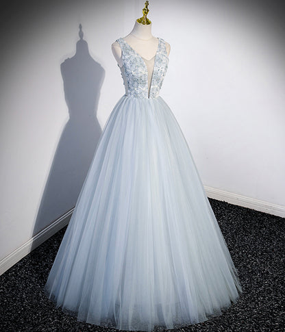 Light Blue A Line V Neck Floral Tulle Prom Dress Evening Dress DP1105