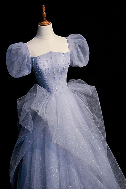 Blue A Line Off the Shoulder Beads Tulle Prom Dress Evening Dress DP1263