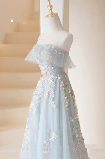 A Line Strapless Appliques Blue Tulle Lace Prom Dress Evening Dress DP1095