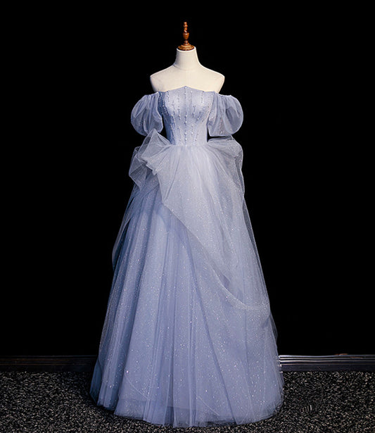 Blue A Line Off the Shoulder Beads Tulle Prom Dress Evening Dress DP1263