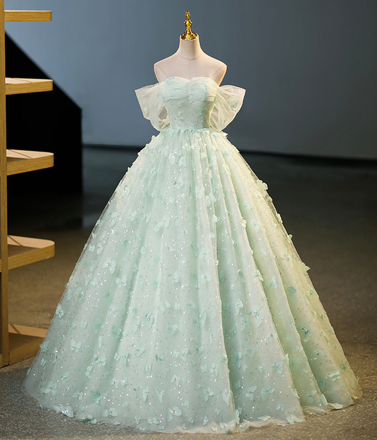 Green Off the Shoulder Appliques Sequins Tulle Long Formal Dress Ball Gown DP1183