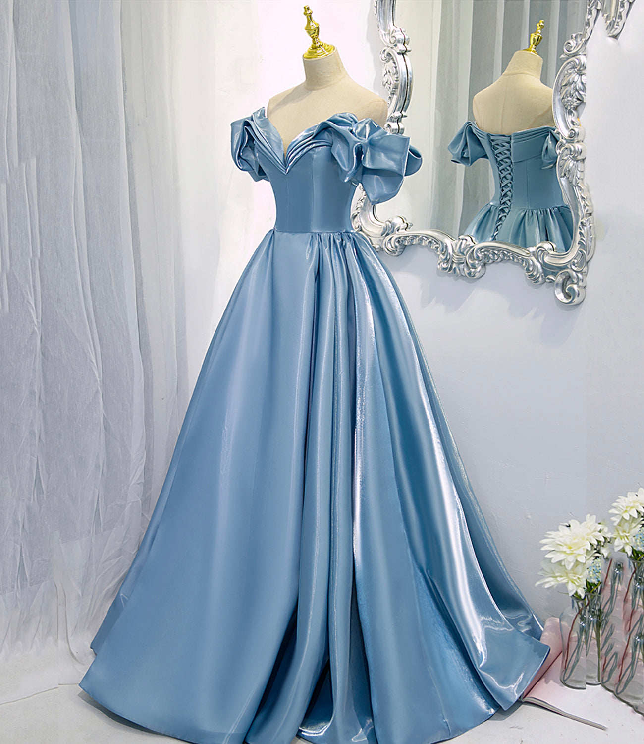 Blue A Line Off-the-shoulder Satin Long Prom Dress Evening Dress DP1090