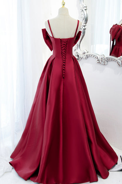 Burgundy A Line Spaghetti Strap Satin Prom Dress Evening Dress with Big Bow DP1097